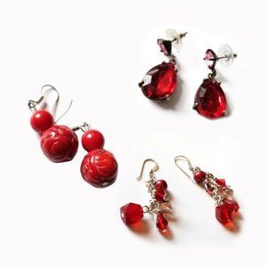 3 Pair - Red Crystal Drop Earrings